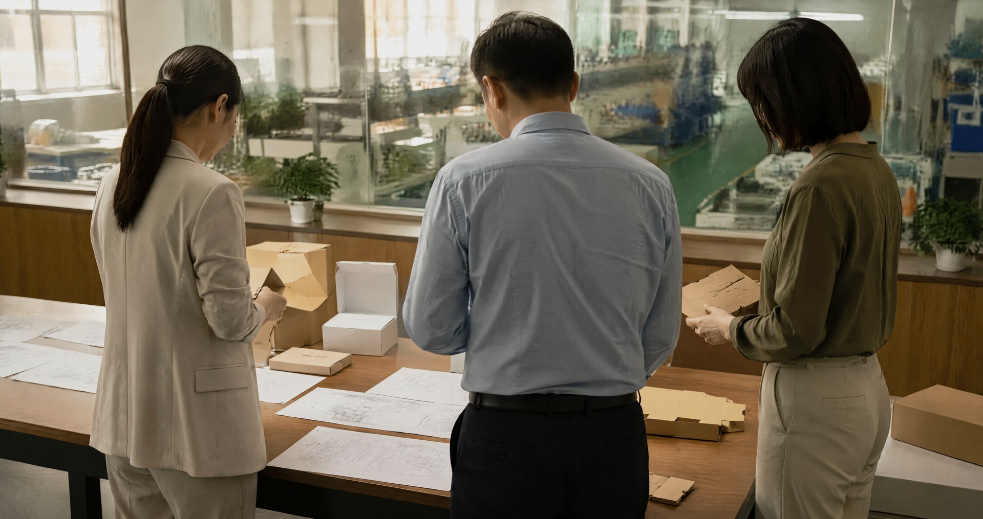 Reviewing packaging samples and drawings with a China manufacturer